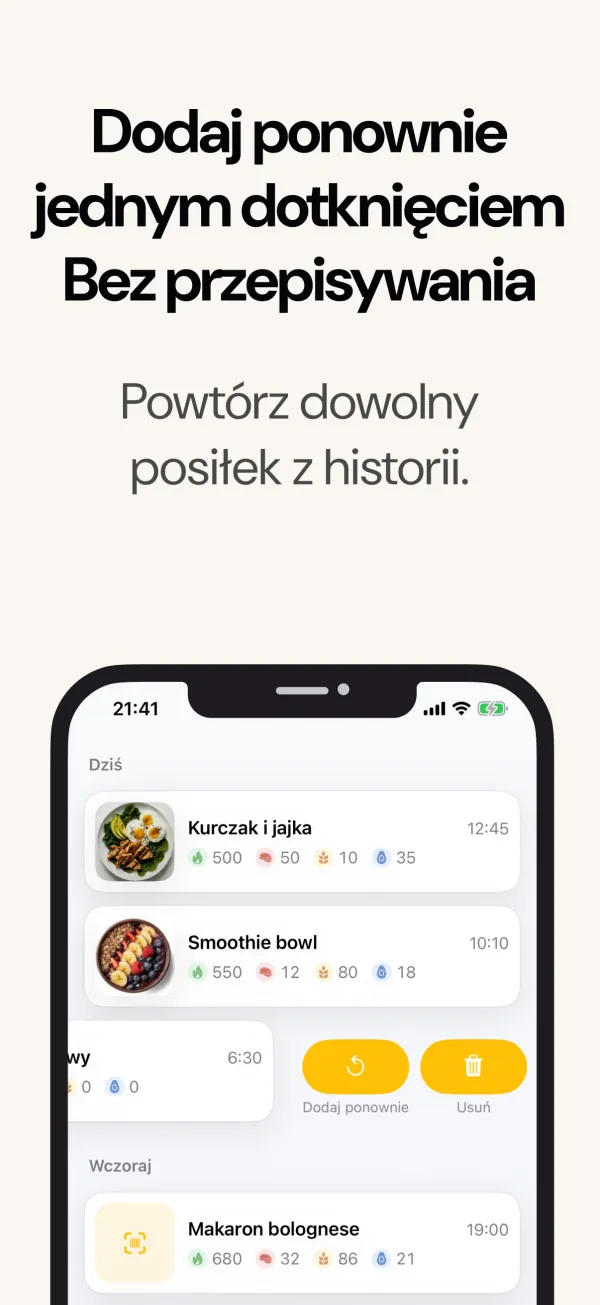 Ponowny wpis posiłku z historii jednym dotknięciem