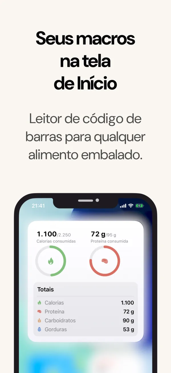 Widget da Tela de Início com calorias, macros e peso