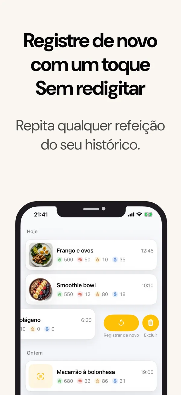 Registrar de novo uma refeição do histórico com um toque