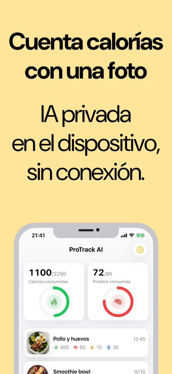 Pantalla Hoy con las calorías y proteínas consumidas, registradas con una foto