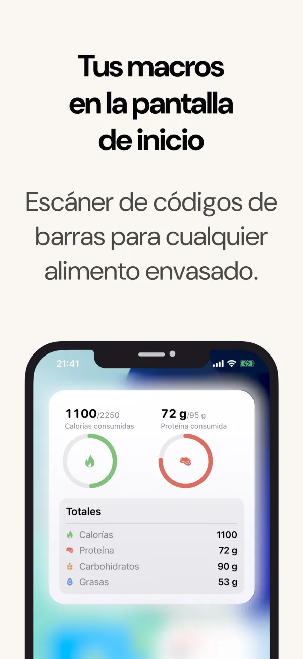 Widget de la pantalla de inicio con calorías, macros y peso
