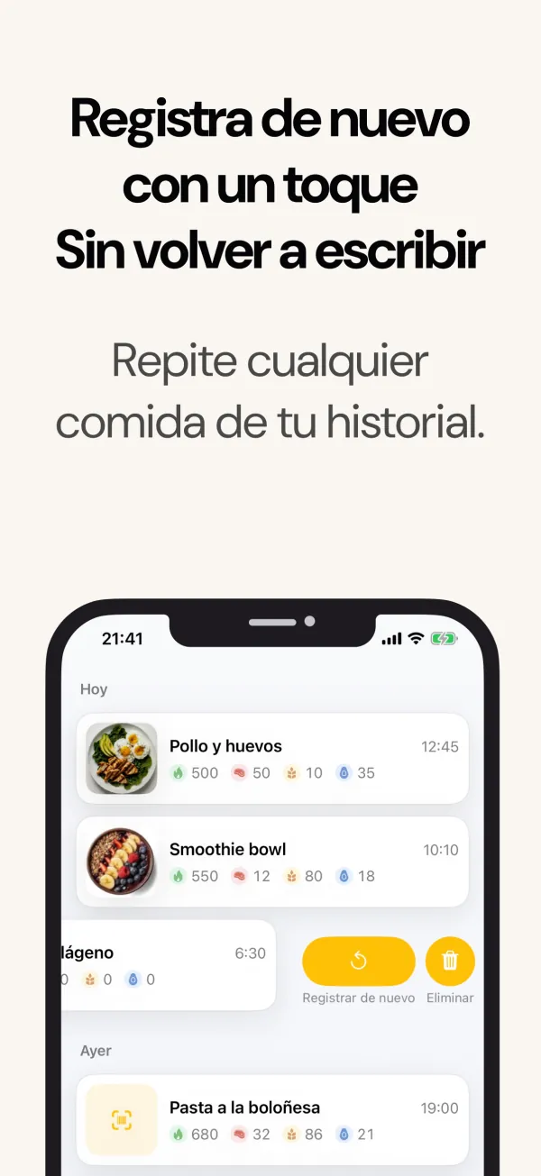 Volver a registrar una comida del historial con un toque